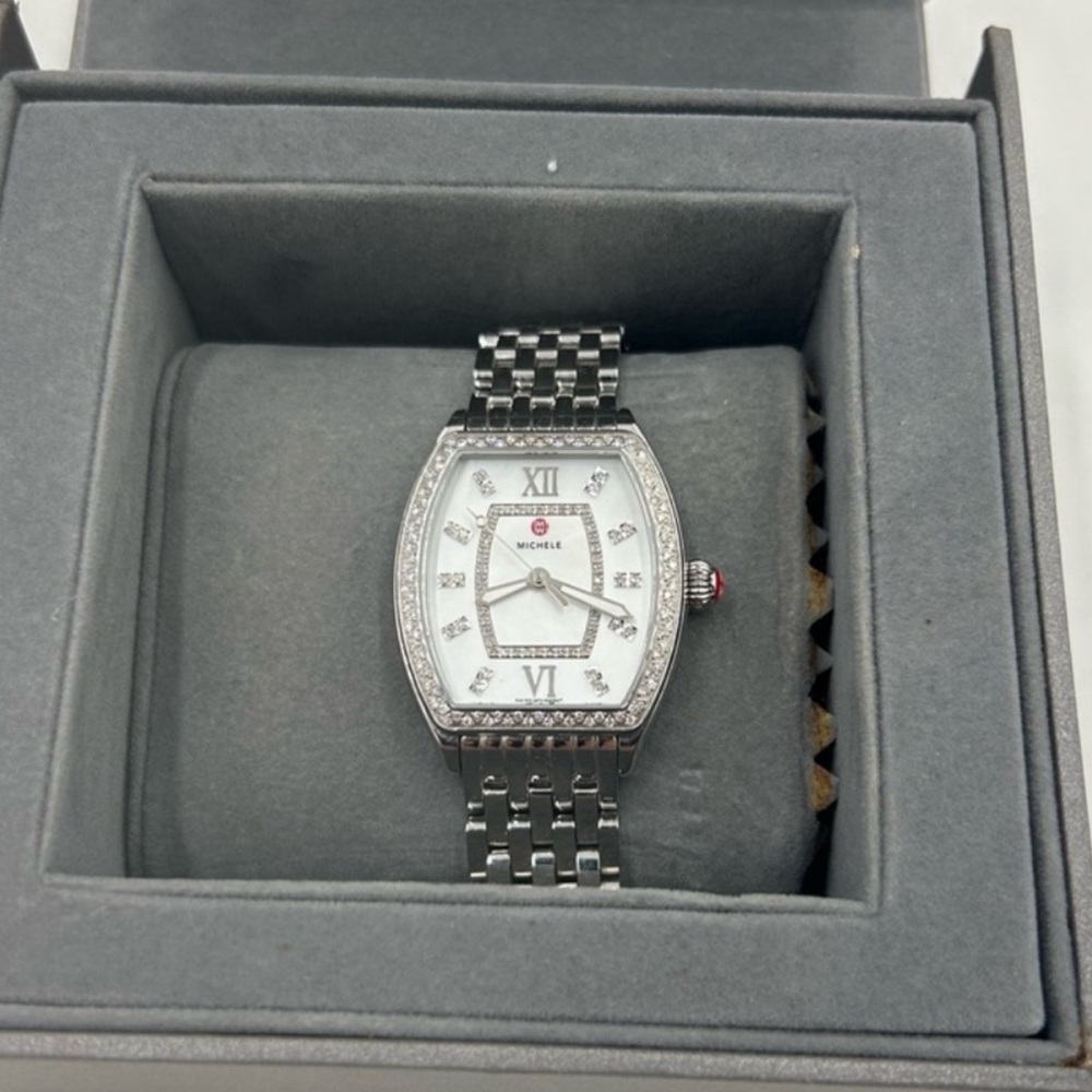 Michele women's Releve mother of pearl diamond steel watch!